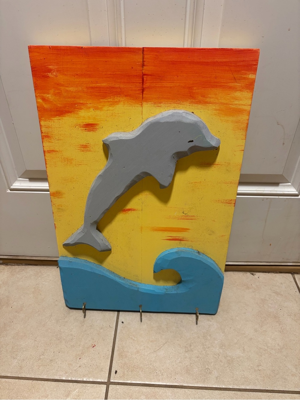 Wooden Dolphin Wall Hook - Gray Dolphin on Yellow Orange Background